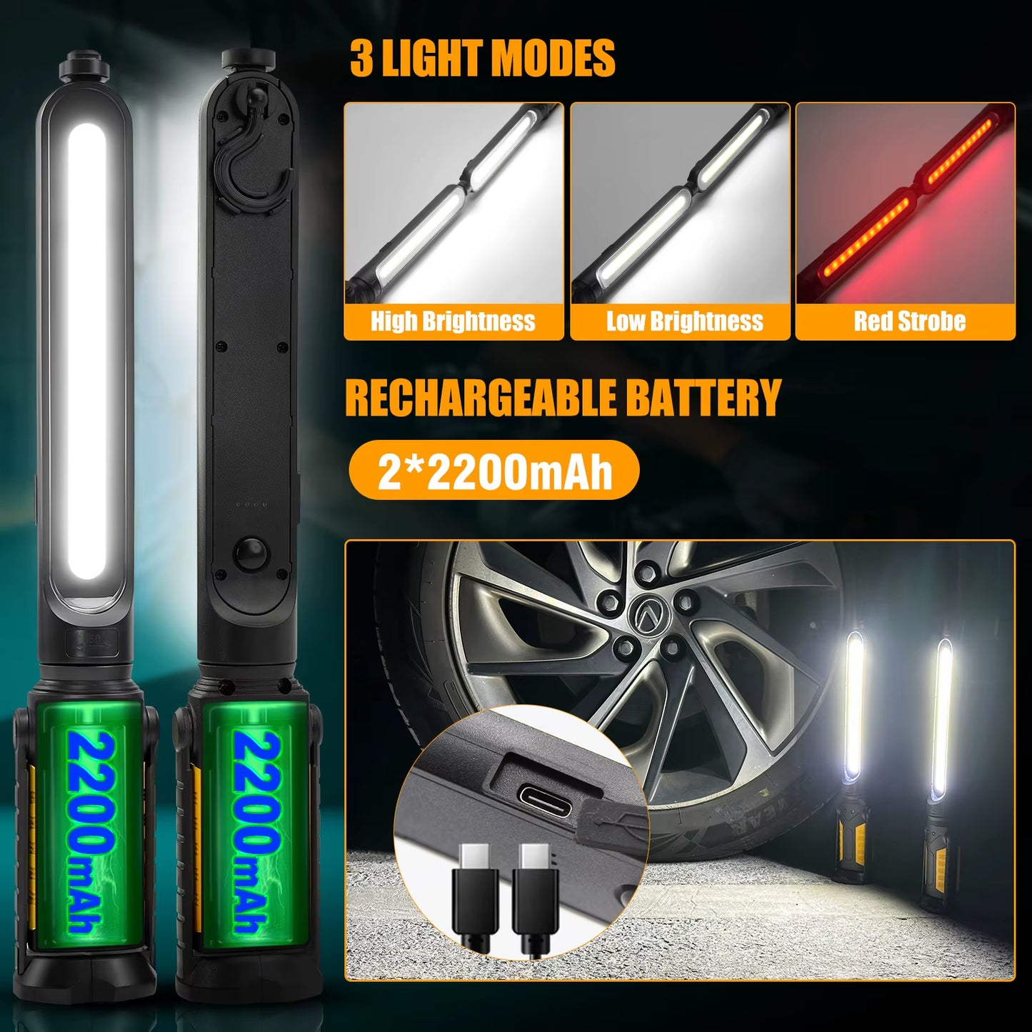 Mechanic LED Work Light Bar - 2400LM LED, 4400Mah Rechargeable with Hooks Magnetic Base for Car Repairing